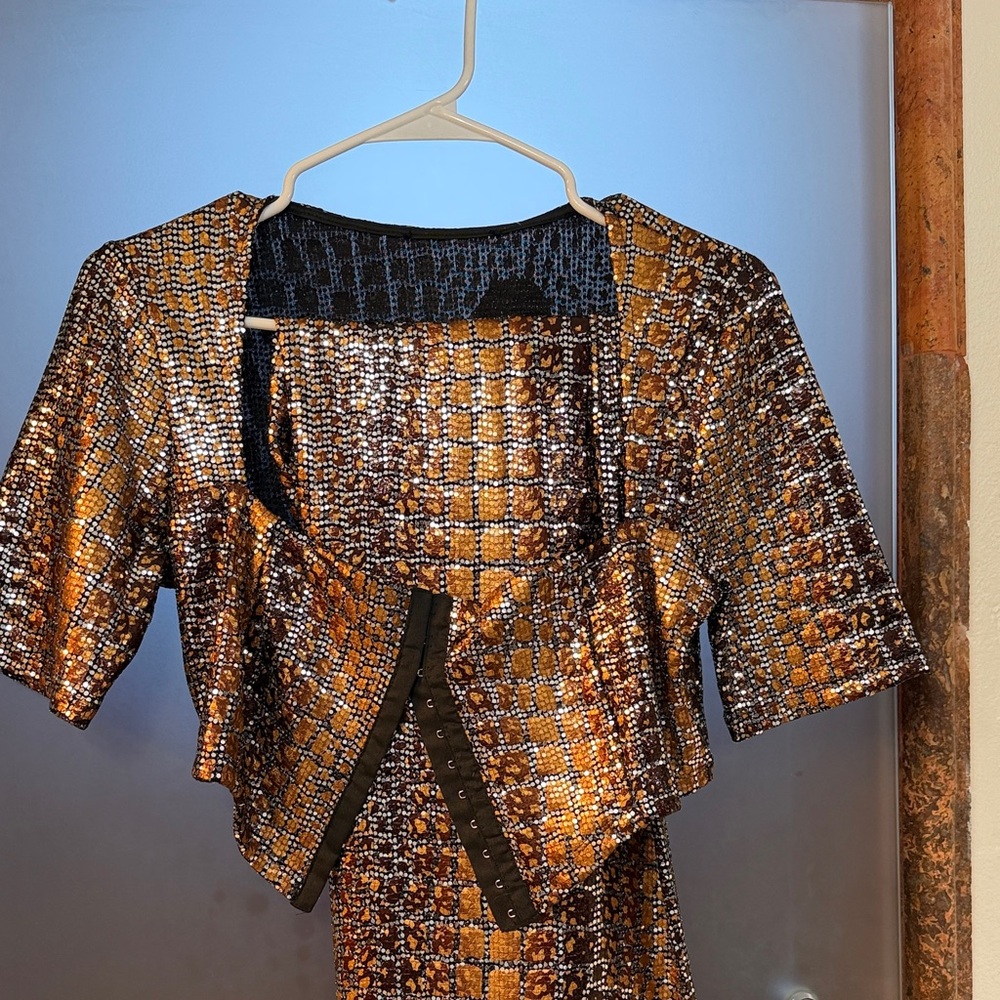 Metallic Bronze Cropped Hook-and-Eye Top & Pant set